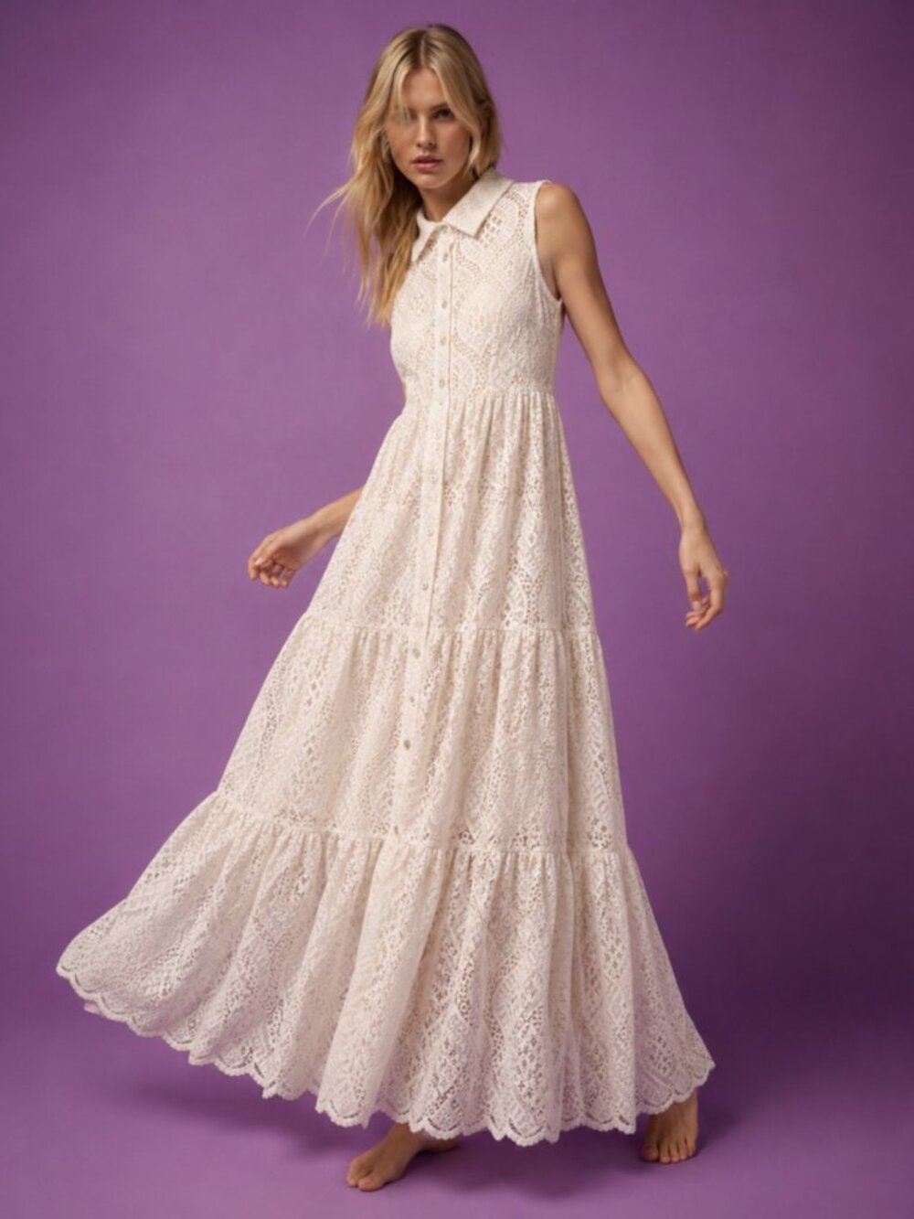 Lace Button Front Milk White Maxi Dress Made in Italy Cottagecore Boho Bridal